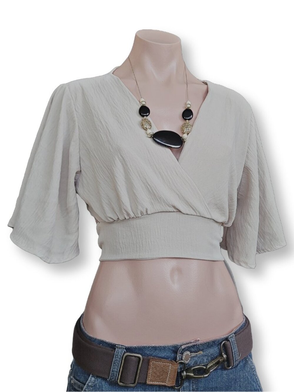 Evermine Women's Beige Cropped Knot Deep V-Neck Short Sleeve Blouse (size OS)